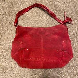 Red, suede Kate Spade purse, patent leather straps